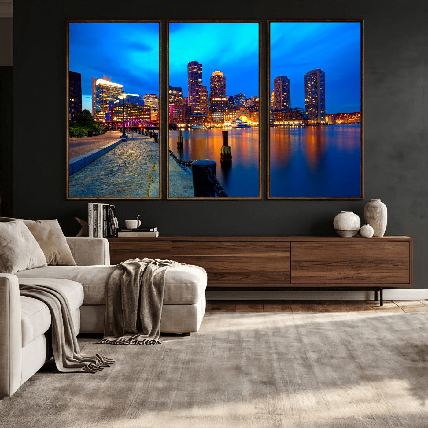69619565-MGV-CV-36X24 - Boston Wall Art Canvas Print, Boston City Downtown Night Cityscape Print for Modern Urban Wall Decor