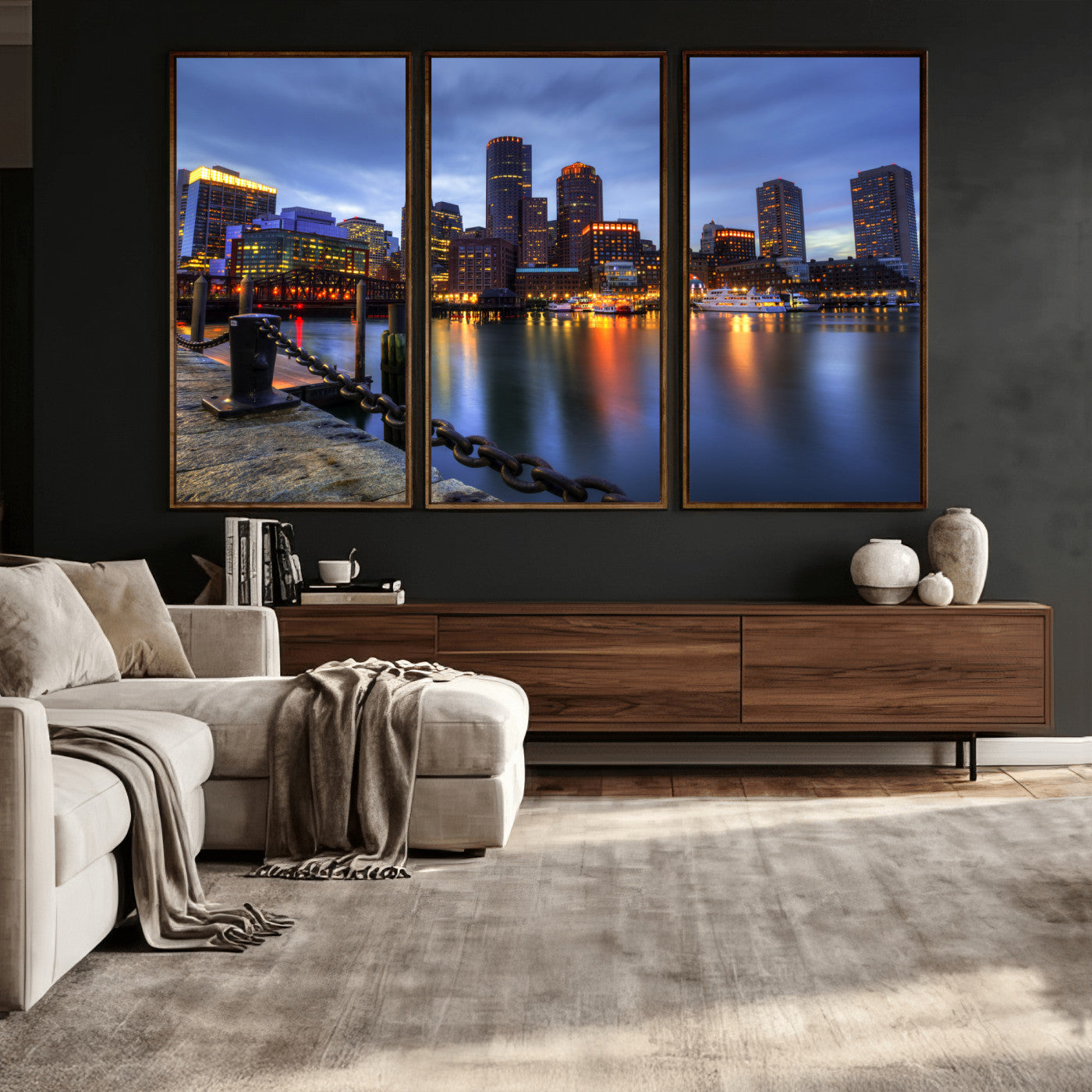 82439622-MGV-CV-36X24 - Boston Wall Art Canvas Print, Boston City Downtown Night Cityscape Print for Modern Urban Wall Decor