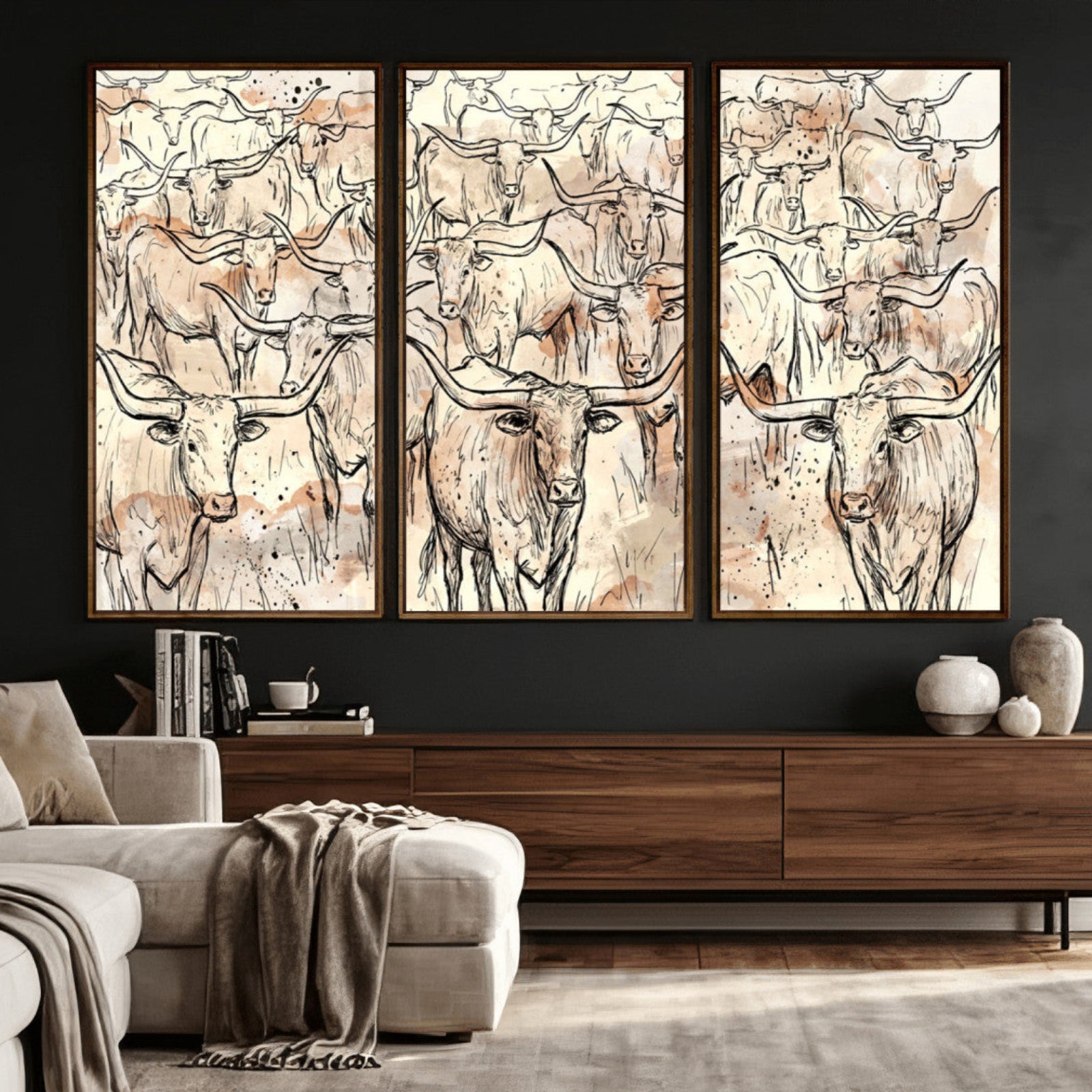 94055403-MGV-CV-36X24 - Farmhouse Animals Wall Art Canvas Print - Abstract Farm Animal Drawing Mid-Century Wall Art for Cabin Decor