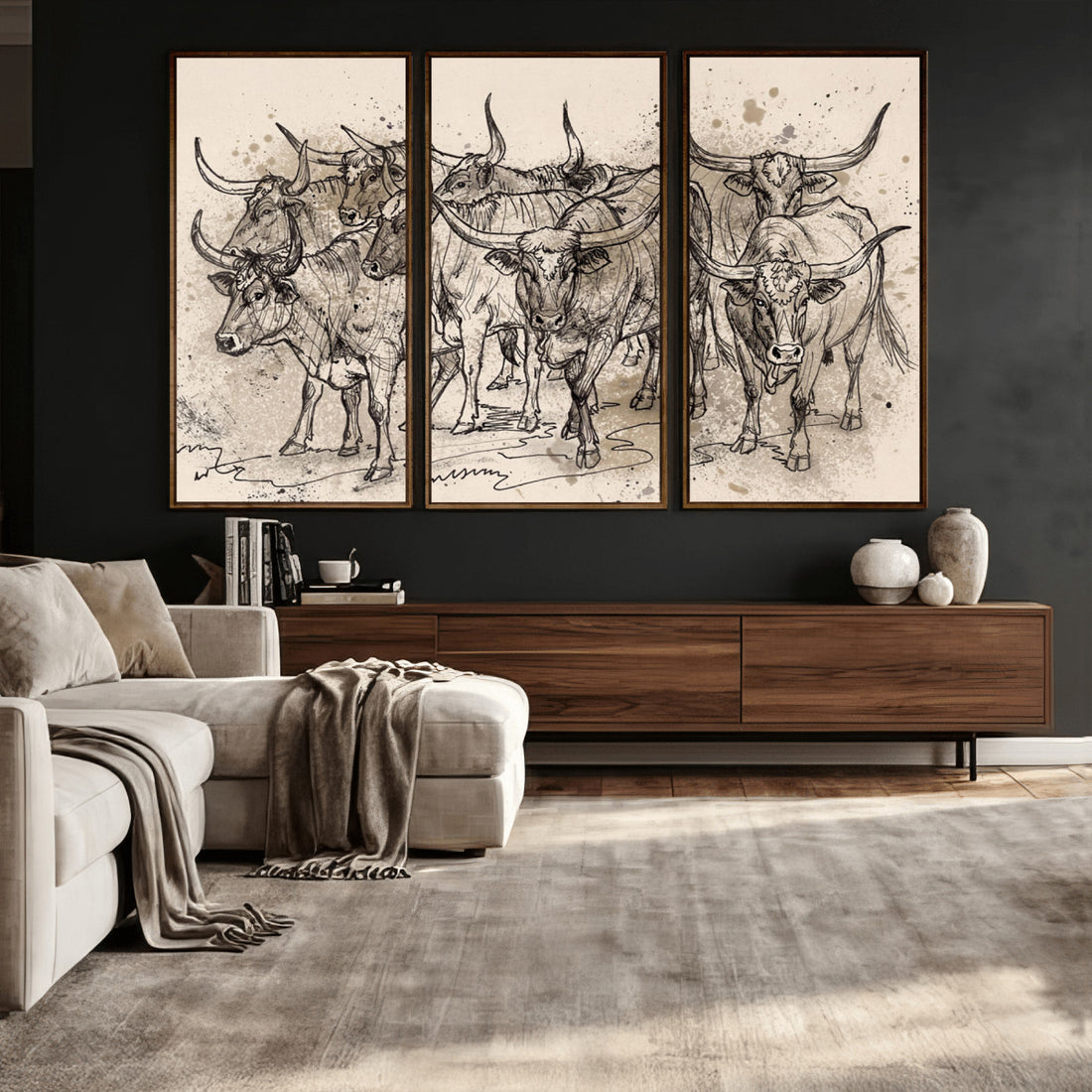 Abstract Cow Longhorn Wall Art Canvas Print for Cabin Decor
