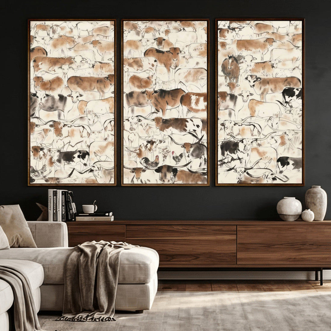 Farmhouse Longhorn Wall Art Canvas Print, Abstract Farm Animal Drawing for Home Decor