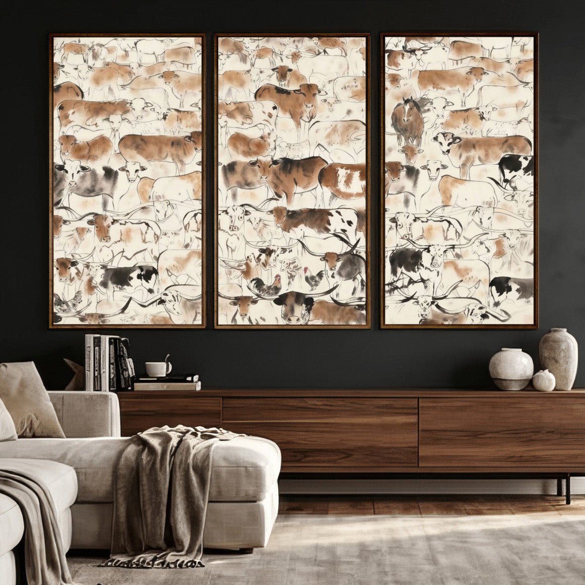 69961368-MGV-CV-36X24 - Farmhouse Animals Wall Art Canvas Print - Abstract Farm Animal Drawing Mid-Century Wall Art for Cabin Decor