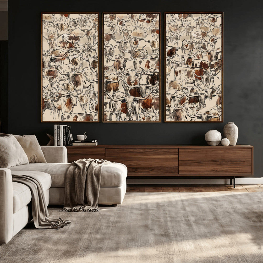 Abstract Longhorn Wall Art Canvas Print, Farm Animal Drawing, Mid-Century Cabin Decor