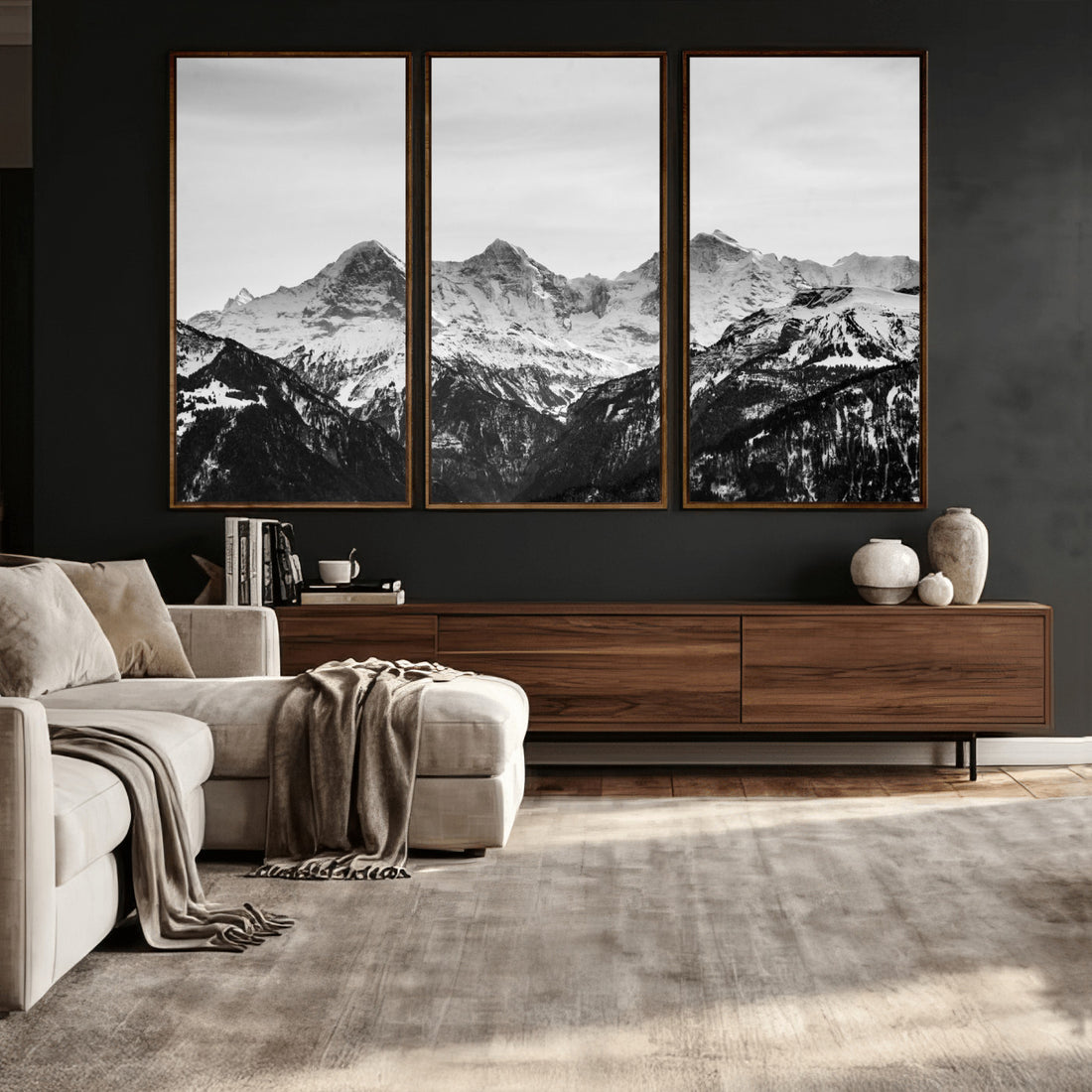 Black and White Mountain Wall Art Canvas Print, Snowy Alpine Peaks Minimal Landscape Photography