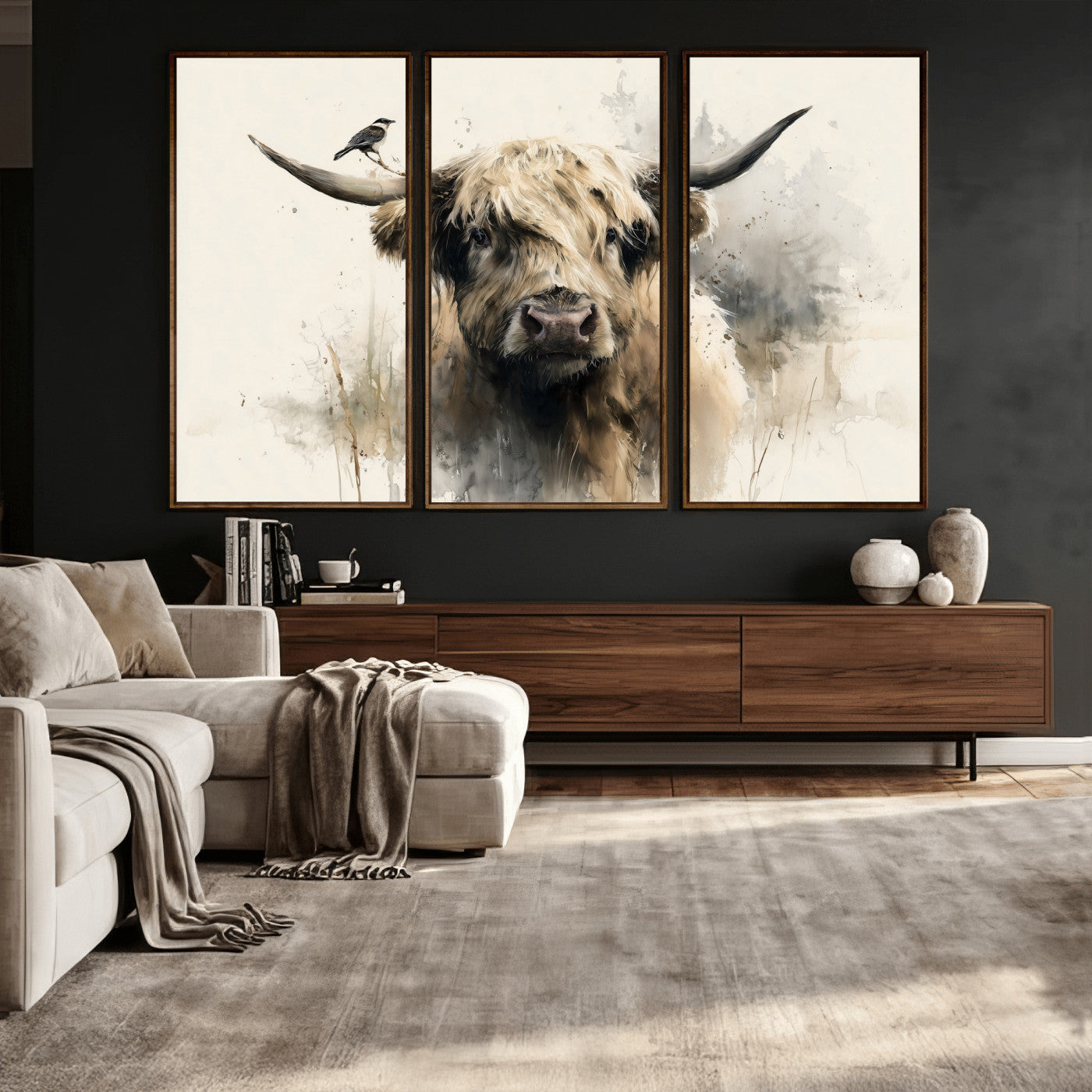 98249290-MGV-CV-36X24 - Abstract Highland Cow Watercolor Animal Wall Art Canvas Print, Rustic Farm Cattle Portrait Canvas Print, Neutral Wildlife Farmhouse Art Printing