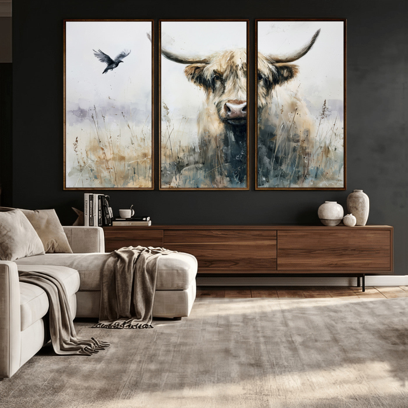 55652651-MGV-CV-36X24 - Abstract Highland Cow Watercolor Animal Wall Art Canvas Print, Rustic Farm Cattle Portrait Canvas Print, Neutral Wildlife Farmhouse Art Printing