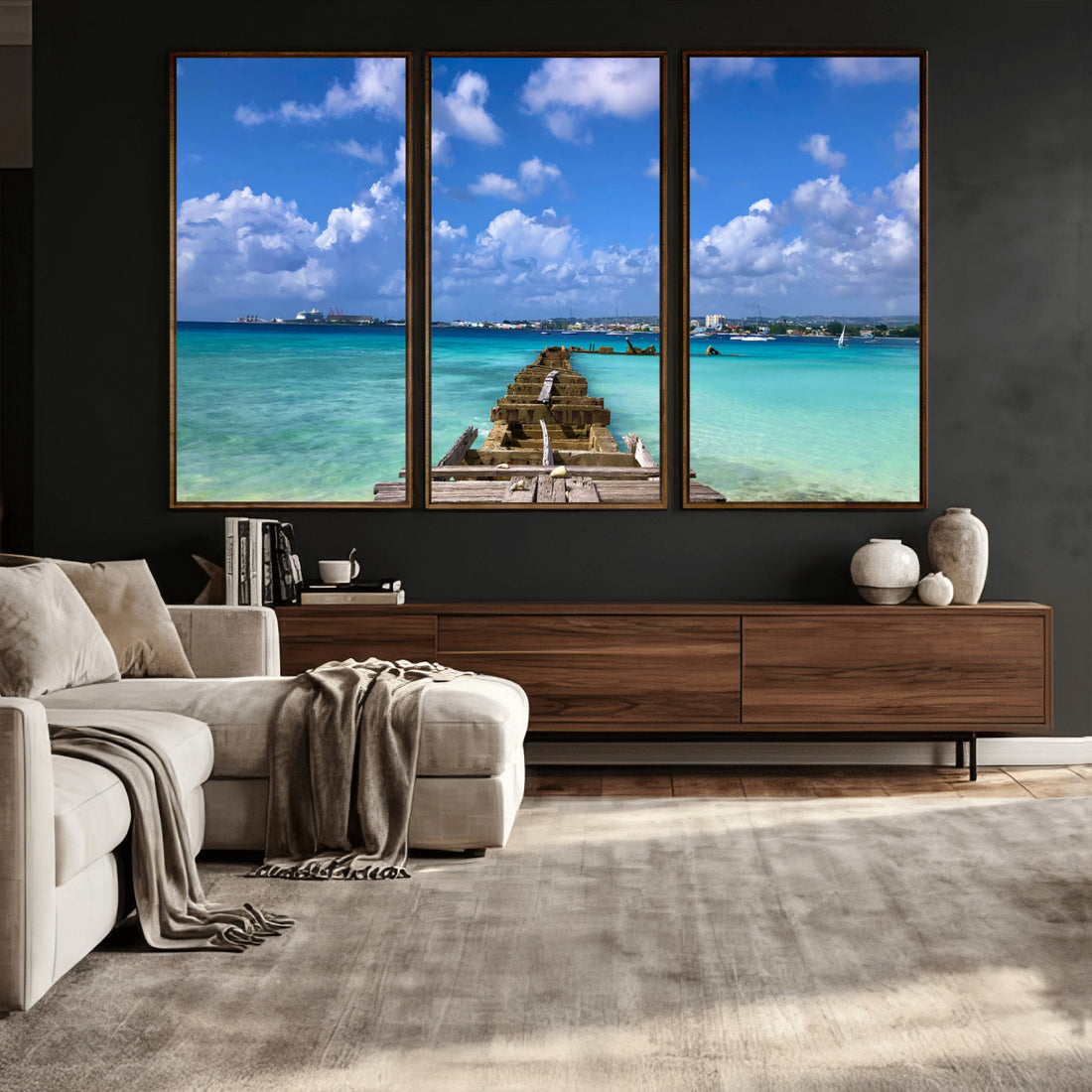 Caribbean Ocean Pier Seascape Wall Art Canvas Print, Turquoise Tropical Harbor