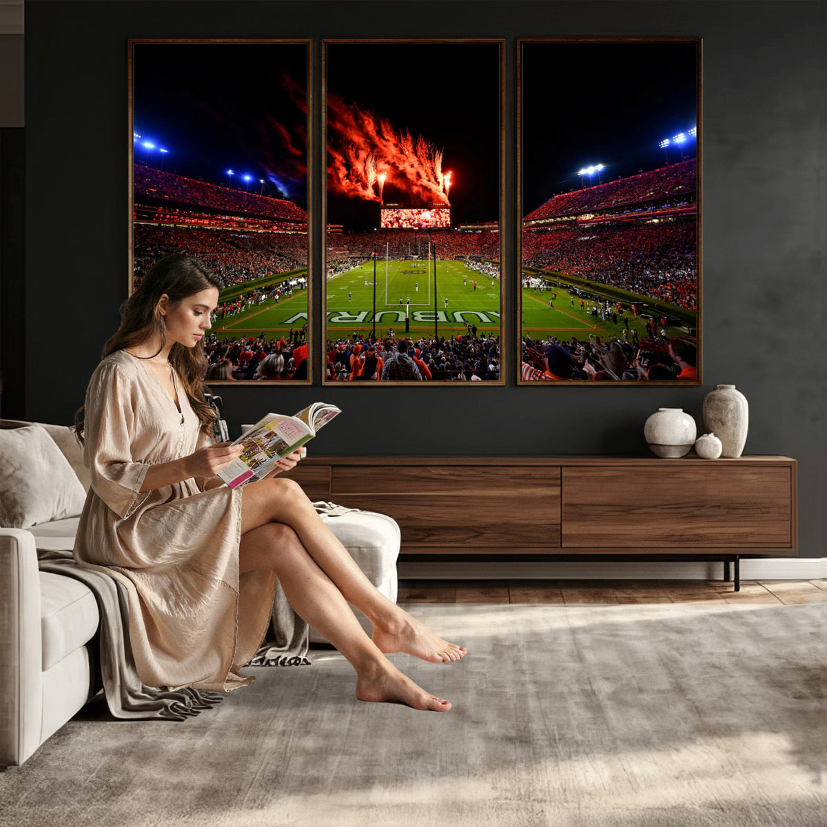 81918884-MGV-CV-36X24 - Auburn Stadium Wall Art Canvas Print, College Football Night Game Crowd, Jordan Hare Stadium Artwork