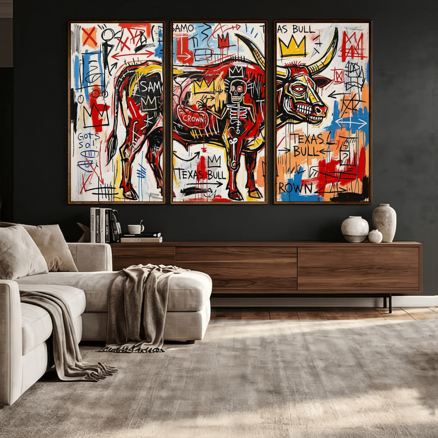 89504579-MGV-CV-36X24 - TITLE: Texas Bull Wall Art Canvas Print, Abstract Graffiti Bull Painting, Western Animal Art, Modern Ranch Decor