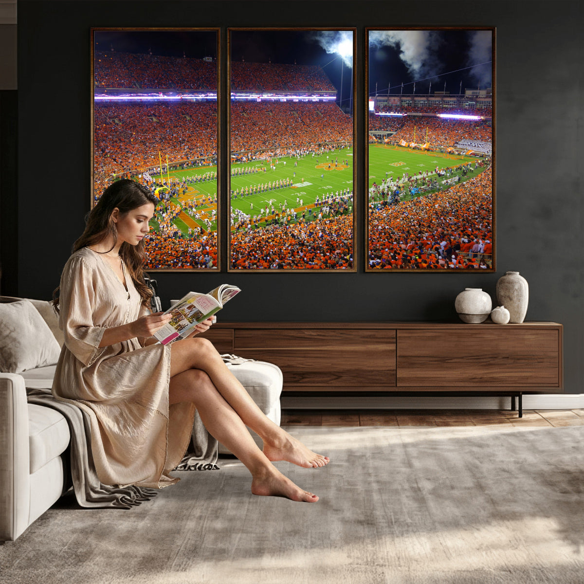 43662631-MGV-CV-36X24 - Clemson Football Stadium Wall Art Canvas Print, College Football Crowd Night Game Scene, Orange Stadium Panorama Wall Decor