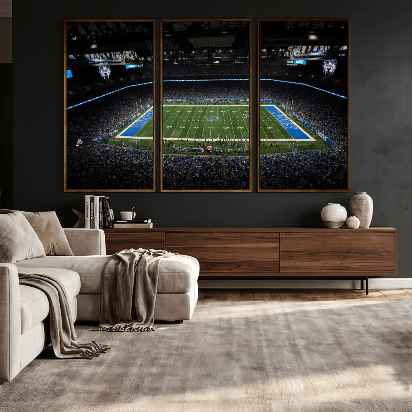 16709602-MGV-CV-36X24 - Detroit Lions Stadium Wall Art Canvas Print, Football Field Panorama Artwork, NFL Game Night Stadium Decor