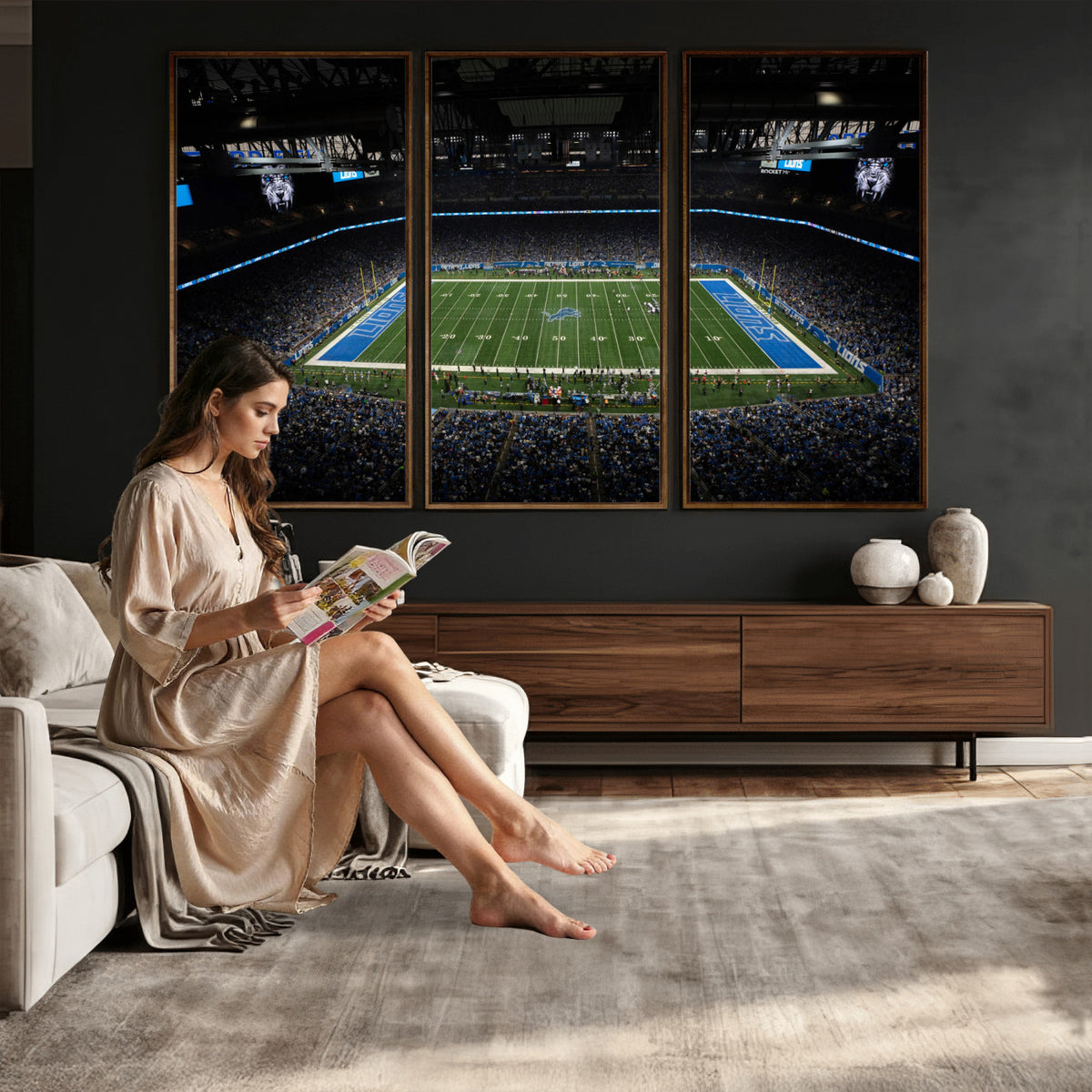 16709602-MGV-CV-36X24 - Detroit Lions Stadium Wall Art Canvas Print, Football Field Panorama