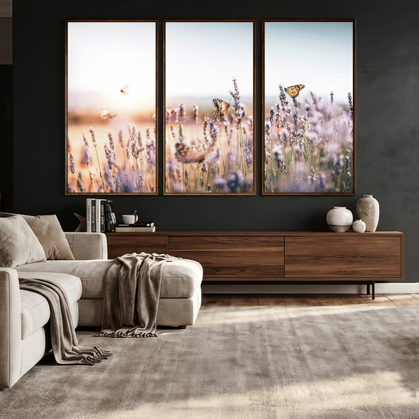 46417478-MGV-CV-36X24 - Lavender Field Wall Art Canvas Print, Butterfly Floral Landscape Art, Soft Nature Wall Decor for Bedroom