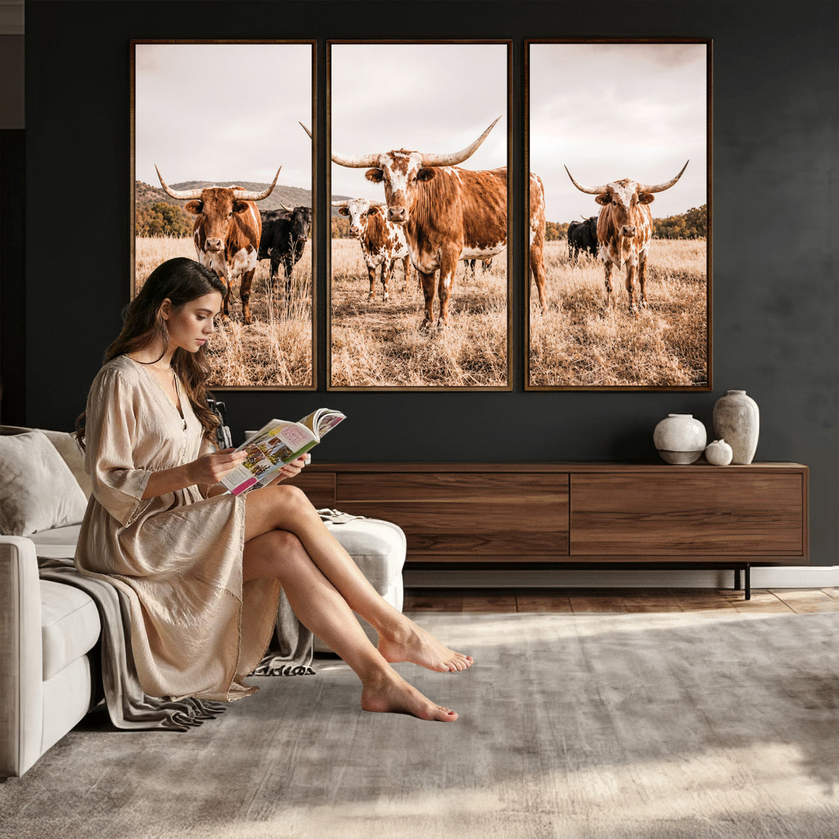 27539727-MGV-CV-36X24 - Texas Longhorn Cattle Wall Art Canvas Print, Sepia Western Decor