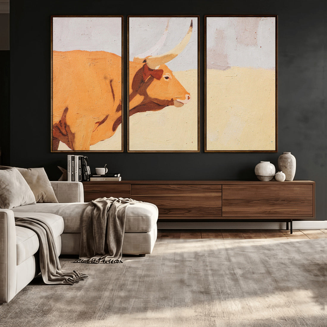 Minimal Longhorn Bull Wall Art Canvas Print, Neutral Western Decor