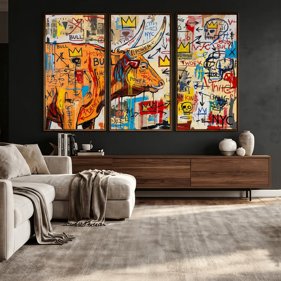 Basquiat Style Bull Graffiti Wall Art Canvas Print, Street Art Decor