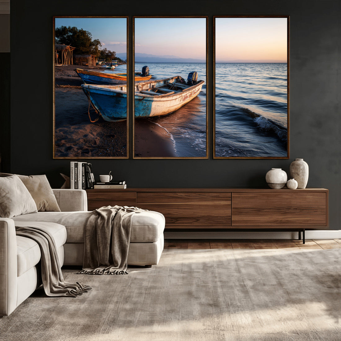 Coastal Fishing Boats Wall Art Canvas Print, Sunset Beach