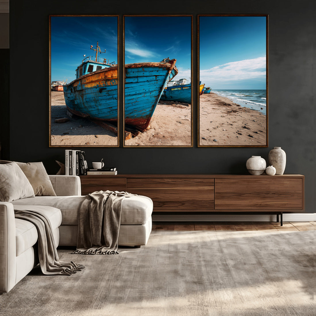 Coastal Fishing Boats Wall Art Canvas Print, Sunset Beach