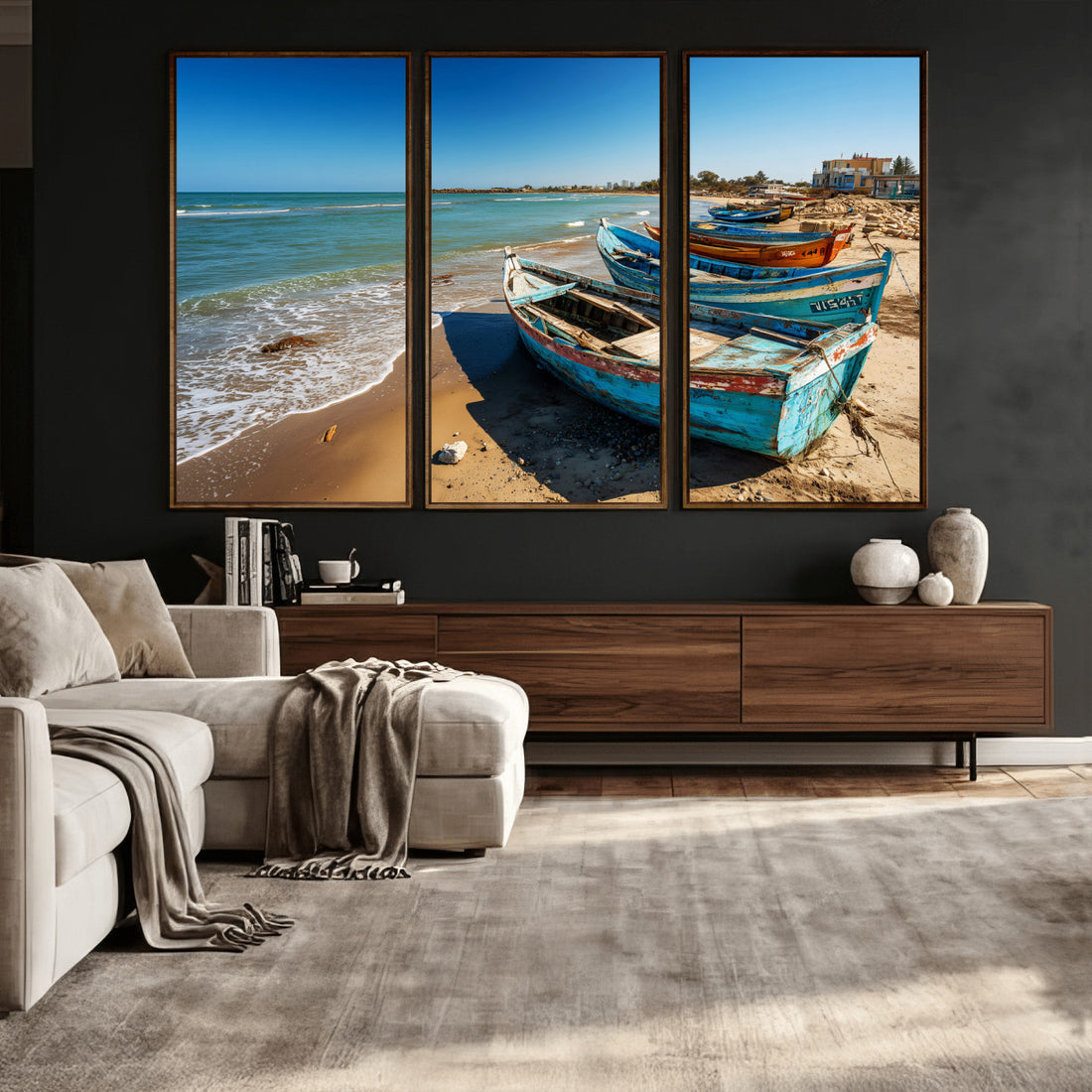 Coastal Fishing Boats Wall Art Canvas Print, Sunset Beach