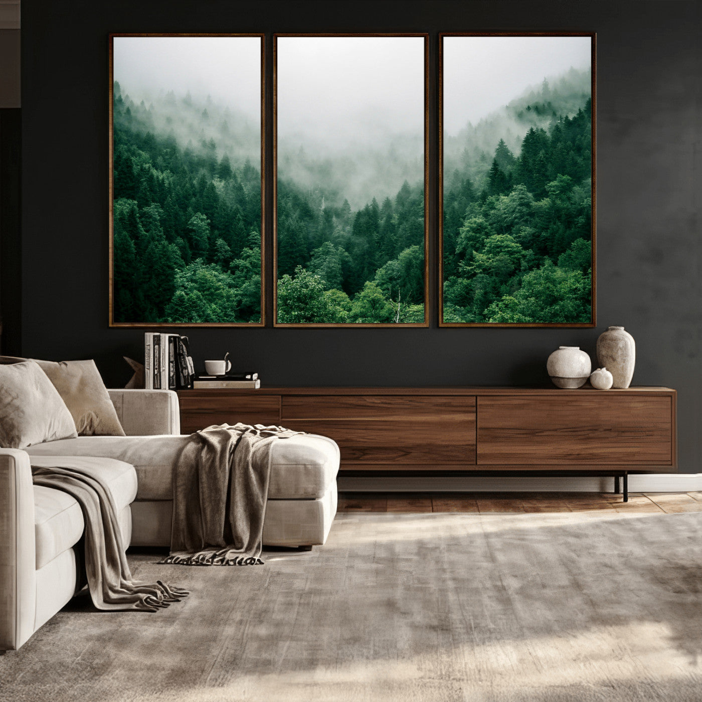 61640815-MGV-CV-36X24 - Misty Pine Forest Wall Art Canvas Print, Foggy Evergreen Landscape Wall Decor, Moody Green Nature Artwork, Minimal Forest Canvas Wall Art, Framed Canvas Wall Art Ready to Hang