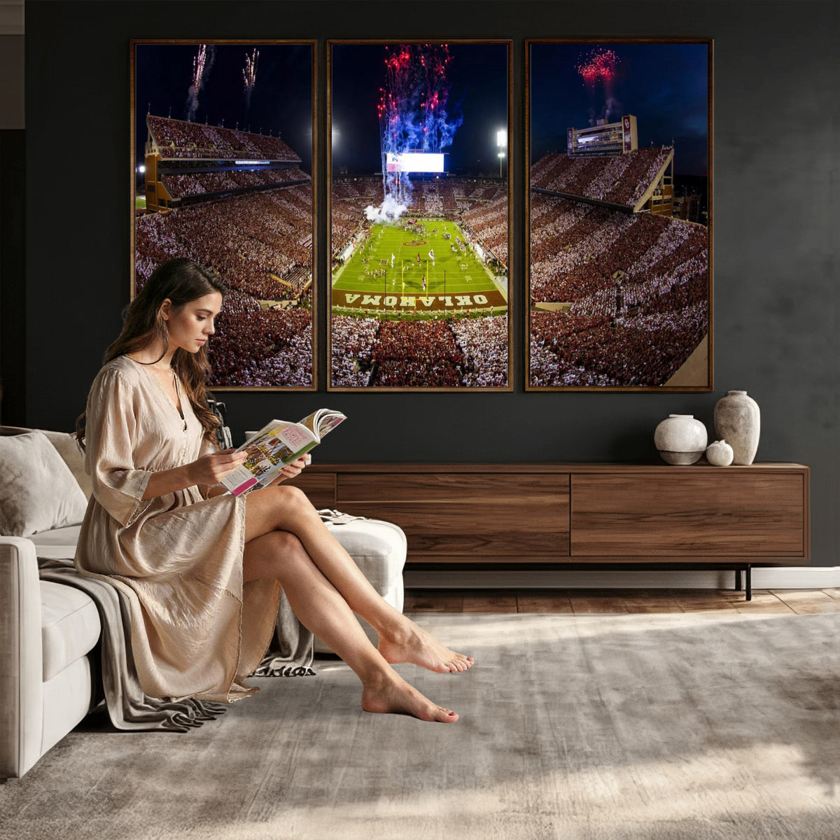 43197777-MGV-CV-36X24 - Oklahoma Memorial Stadium Wall Art Canvas Print – Oklahoma Sooners Football Artwork for Home, Office, and Sports Room Decor