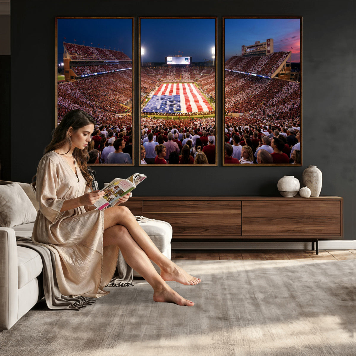 59917418-MGV-CV-36X24 - Oklahoma Memorial Stadium Wall Art Canvas Print – Oklahoma Sooners Football Artwork for Home, Office, and Sports Room Decor