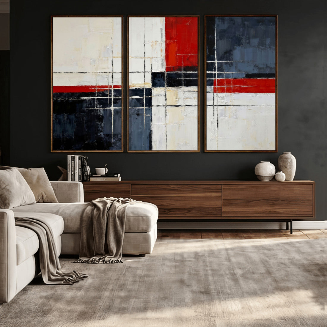 Navy Red Abstract Wall Art Canvas Print, Modern Luxury Geometric Art for Living Room and Office