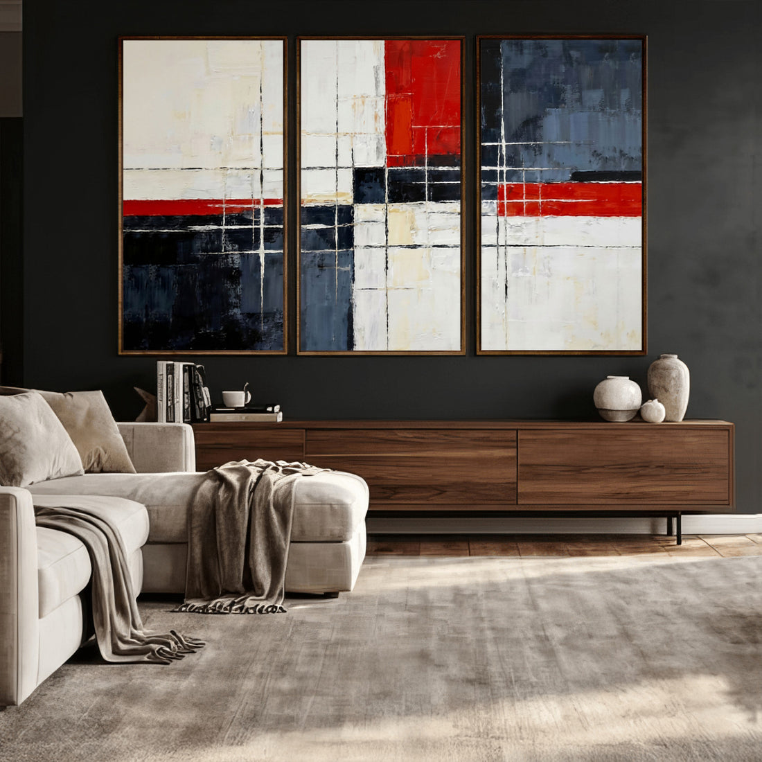 Navy Red Abstract Wall Art Canvas Print, Modern Luxury Geometric Art for Living Room and Office