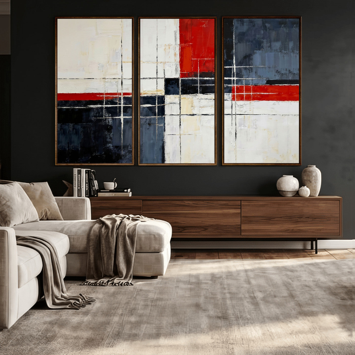 11921181-MGV-CV-36X24 - Navy Red Abstract Wall Art Canvas Print, Modern Luxury Geometric Painting Wall Decor for Living Room and Office