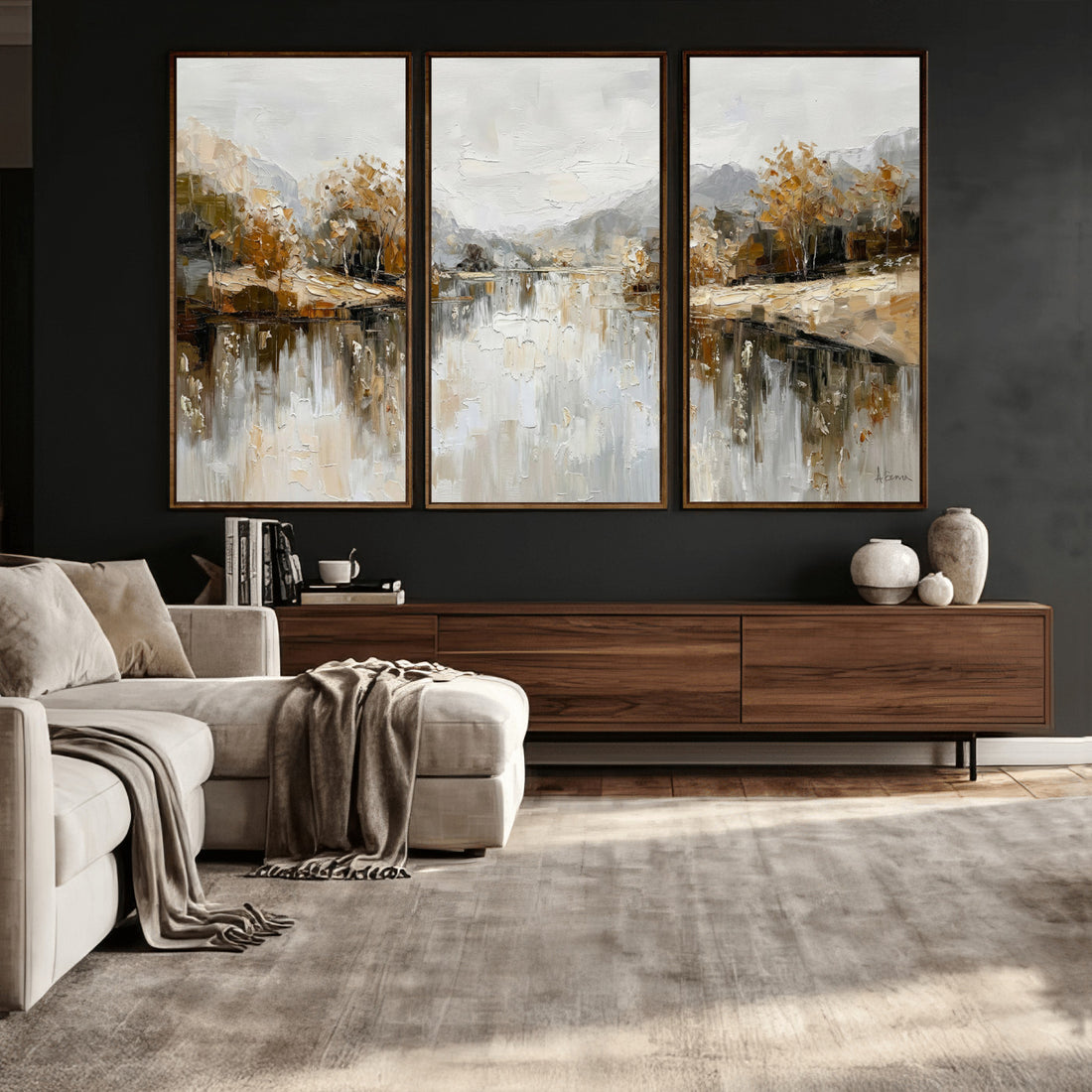 Neutral Abstract Lake Landscape Wall Art Canvas Print