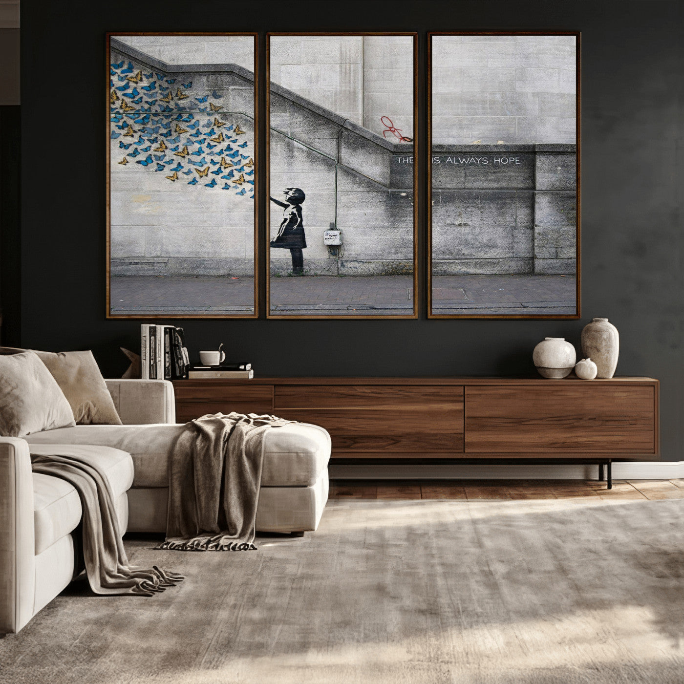 15274223-MGV-CV-36X24 - Banksy Girl with Butterflies Street Art Wall Art Canvas Print, Hope Graffiti Urban Art Canvas Print, Minimalist Inspirational Street Art Contemporary Art Printing