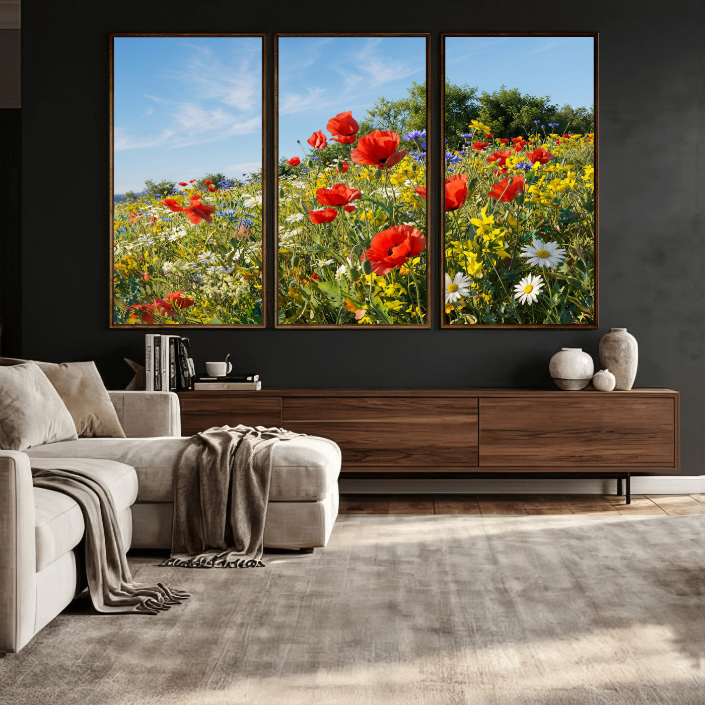 38570784-MGV-CV-36X24 - Wildflower Meadow Wall Art Canvas Print – Colorful Poppy and Daisy Field Landscape Artwork for Living Room Decor