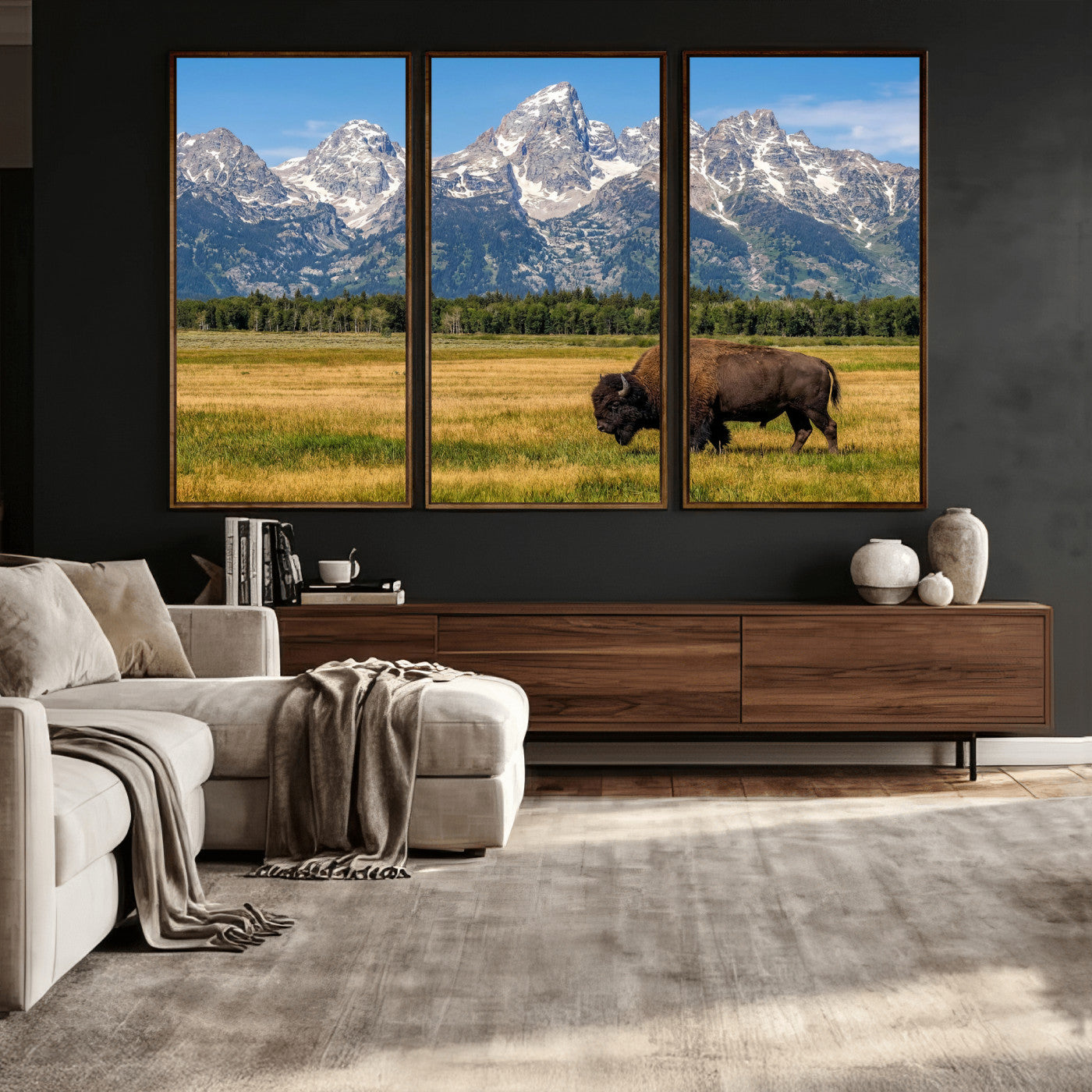 20424529-MGV-CV-36X24 - Bison in Mountain Landscape Wall Art Canvas Print – Western Wildlife Artwork for Rustic Living Room Decor