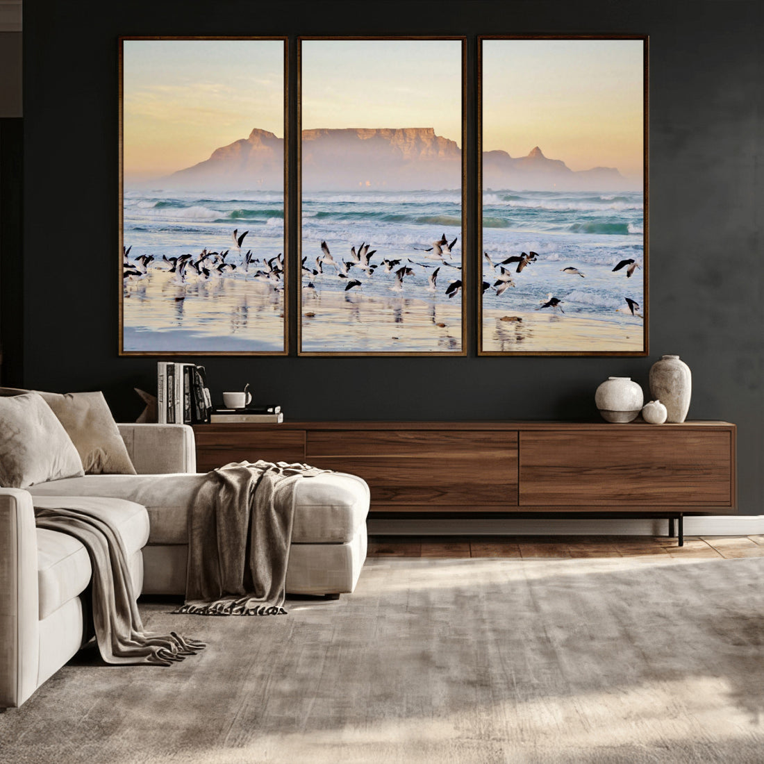 Seagulls Over Ocean Wall Art Canvas Print | Coastal Beach Landscape Artwork