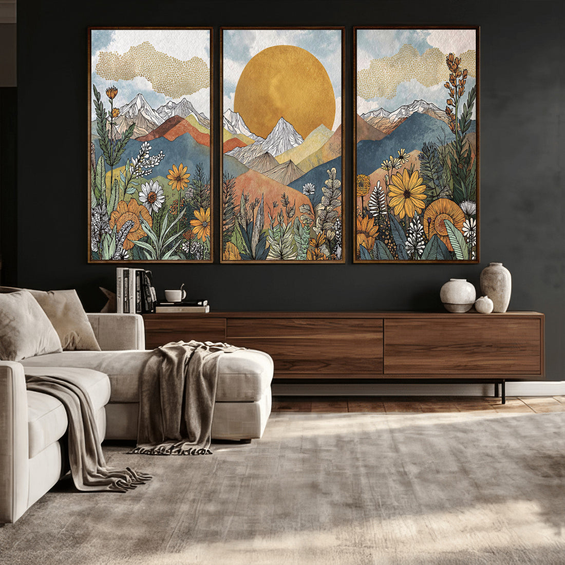 Boho Mountain Landscape Large Wall Art, Horizontal Gold Sun and Flowers Print