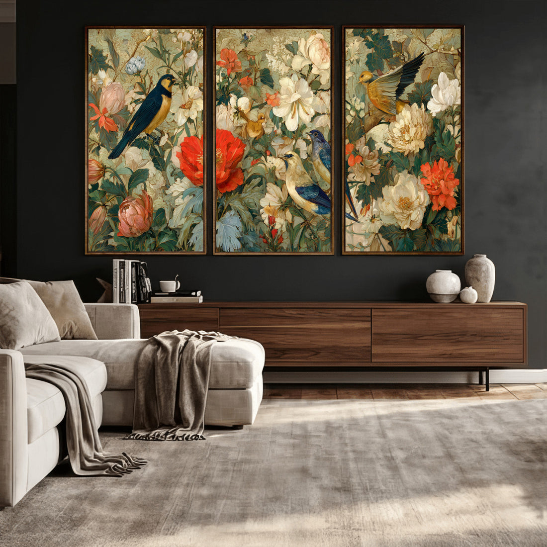 Vintage Birds and Flowers Wall Art Canvas Print, Botanical Bird Art