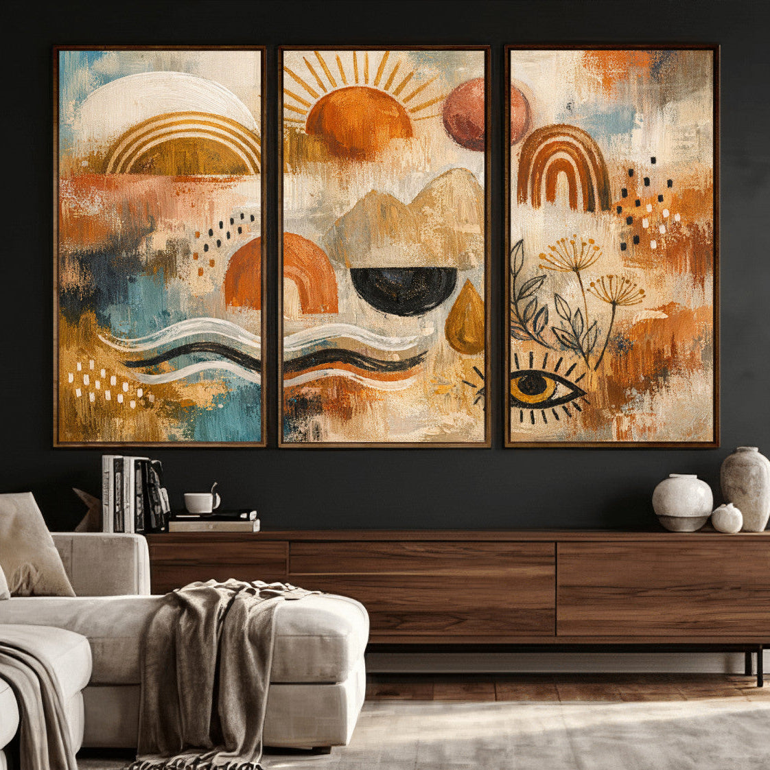 52155239-MGV-CV-36X24 - Geometric Boho Abstract Wall Art Canvas Print, Orange Blue Abstract Expressionist Painting Print, Modern Geometric Abstract Canvas Art