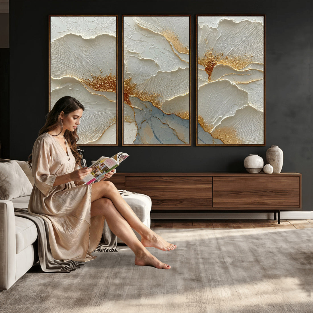 White Gold Floral Canvas Wall Art, Painterly Style Flower Print
