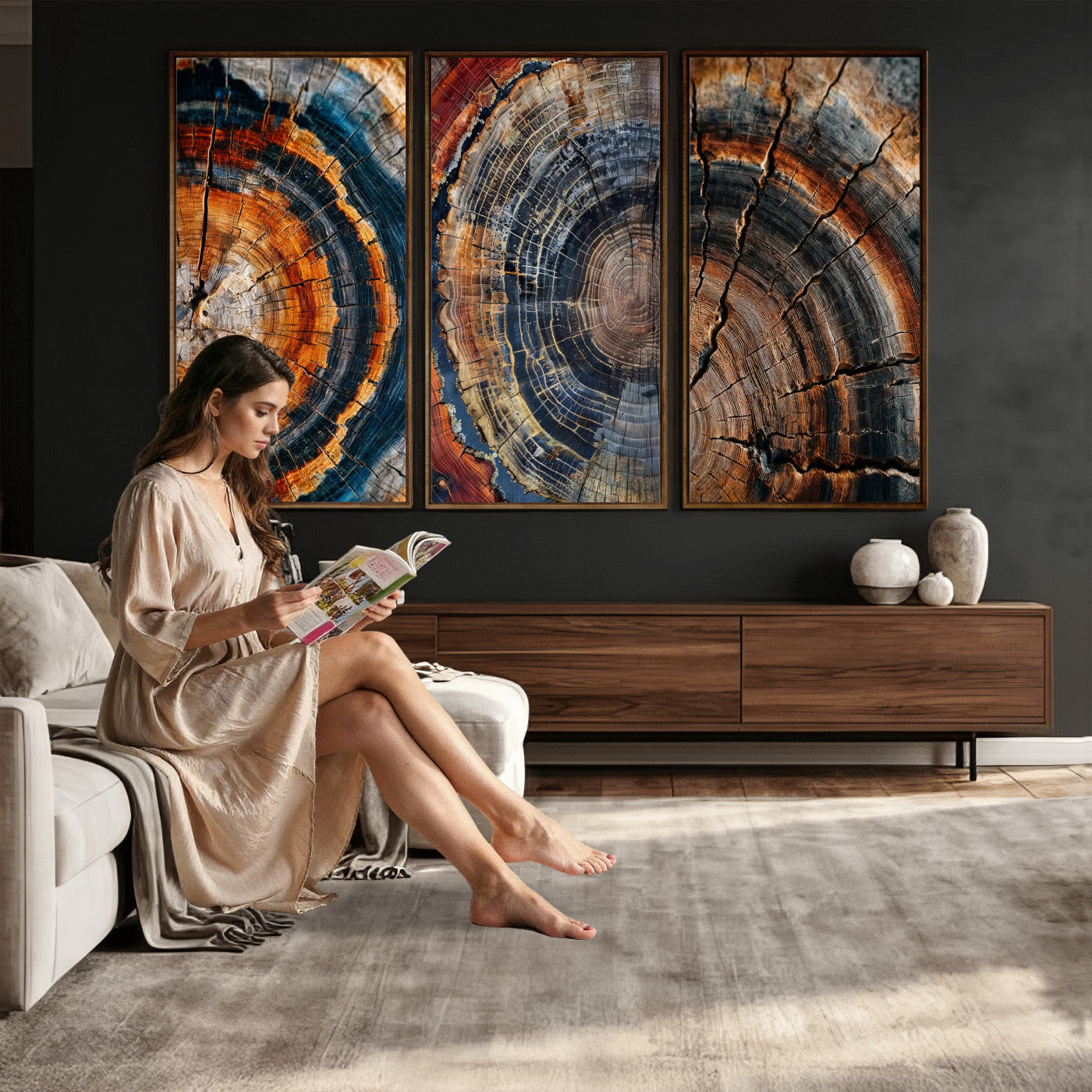 4712069W1-MGV-CV-48X32-3P - Tree Ring Triptych Canvas Wall Art — Set of 3 Wood Grain Print | Rustic Nature Decor | Earth Tone Wall Art | Unique Living Room Art Gift