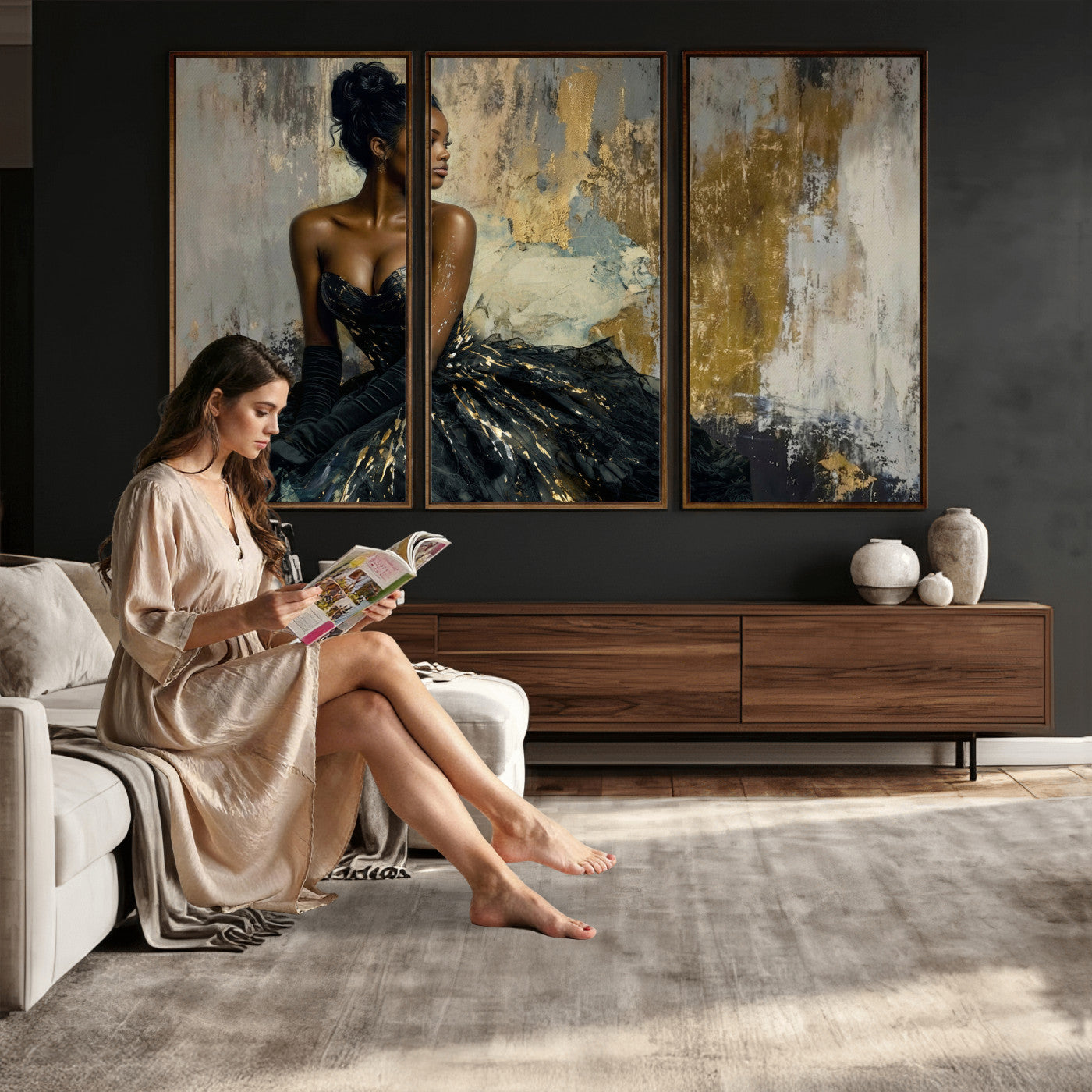 4712069Z1-MGV-CV-36X24 - Elegant Woman Canvas Wall Art — Black Gold Gown Fashion Print | Luxury Glam Wall Decor | African American Art | Bold Bedroom Wall Art Gift