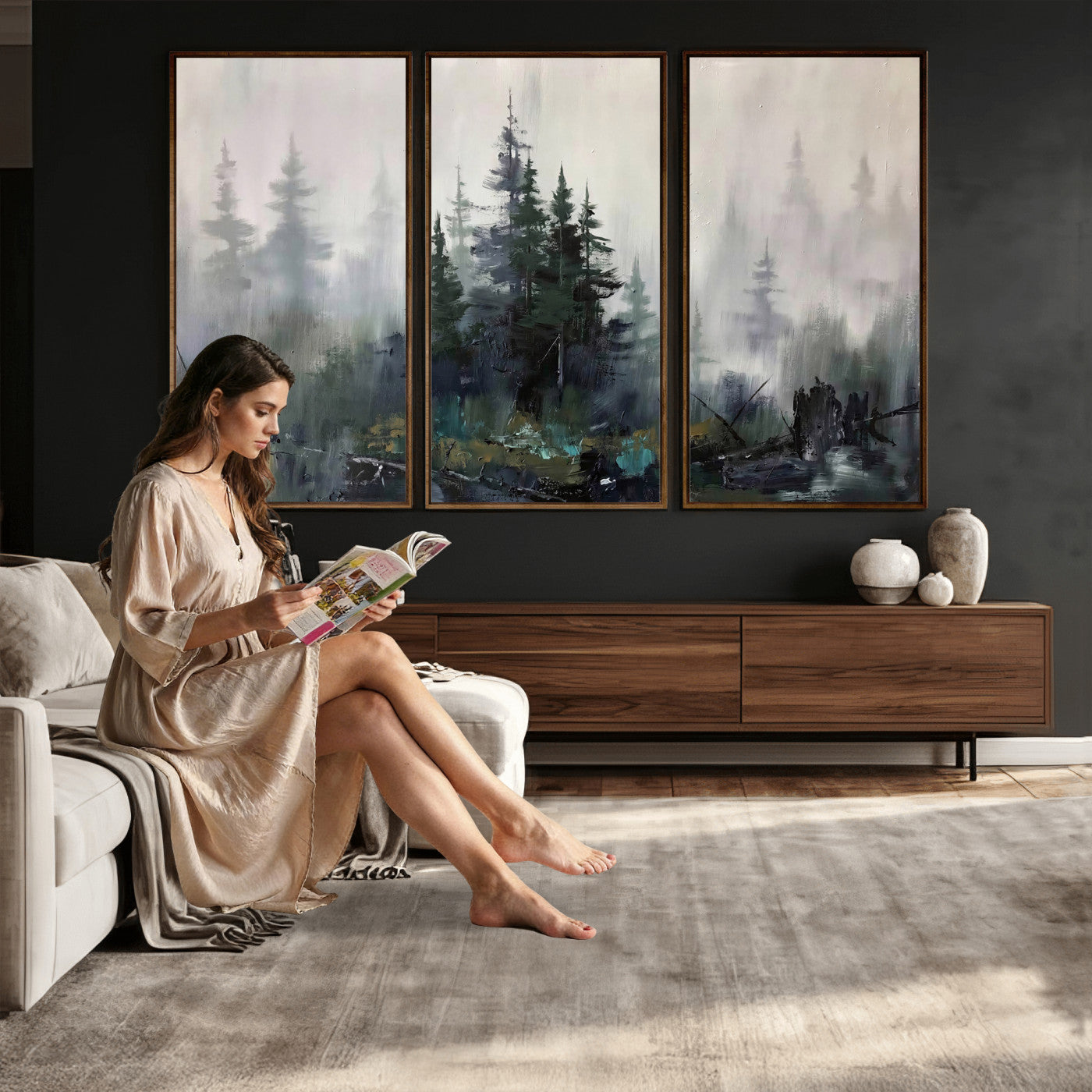 94143325-MGV-CV-36X24 - Misty Pine Forest Oil Painting Canvas — Dark Moody Teal Grey Tree Print | Japandi Scandinavian Wall Art | Minimalist Nature Decor Gift