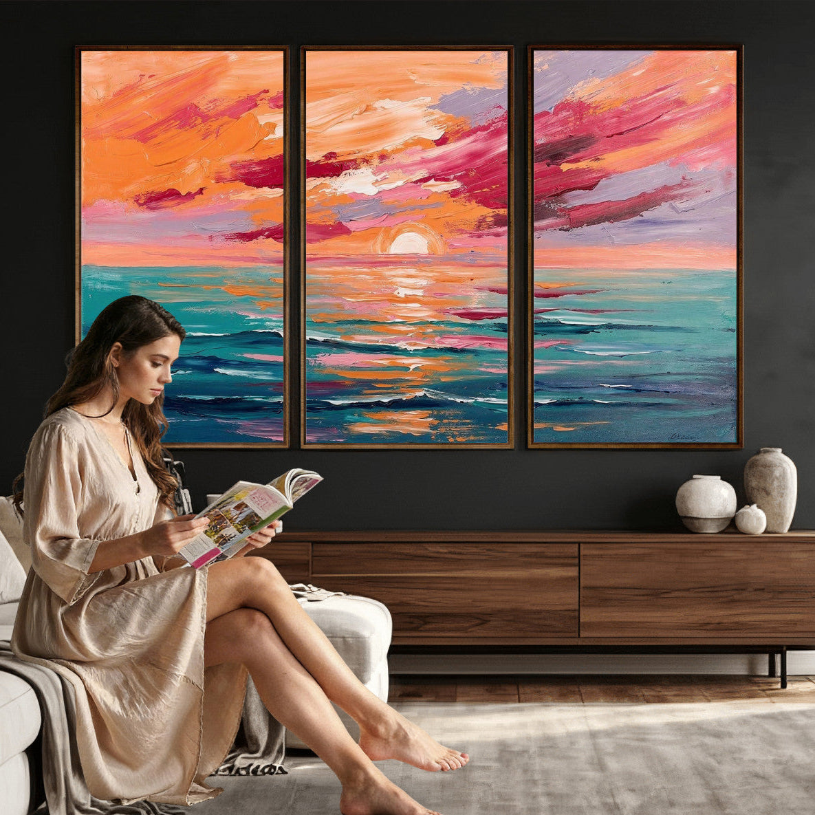 26763902-MGV-CV-36X24 - Bold Palette Knife Ocean Sunset Canvas — Orange Pink Teal Expressionist Sea Print | Colorful Coastal Wall Art | Vibrant Beach Decor Gift