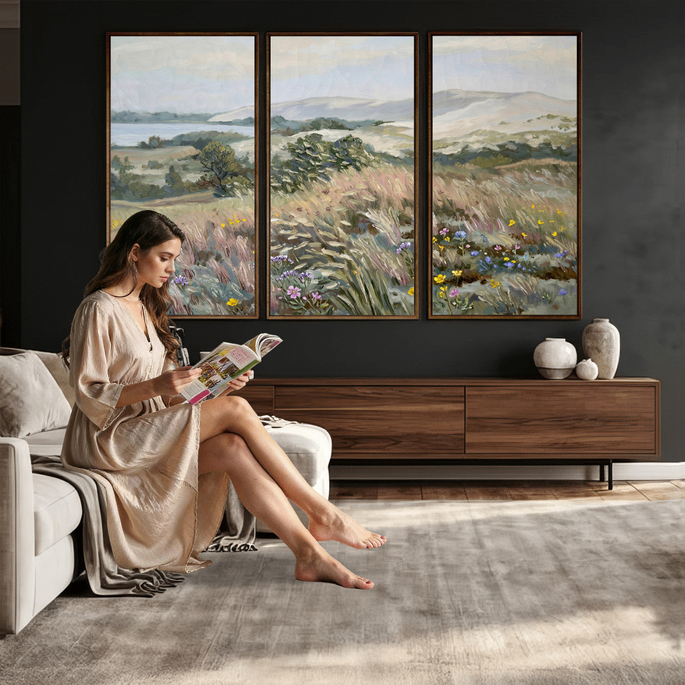 18013232-MGV-CV-36X24 - Katie Staples Hillside Canvas Wall Art — Coastal Wildflower Dune Oil Painting Print | Muted Green Nature Decor | Plein Air Landscape Gift