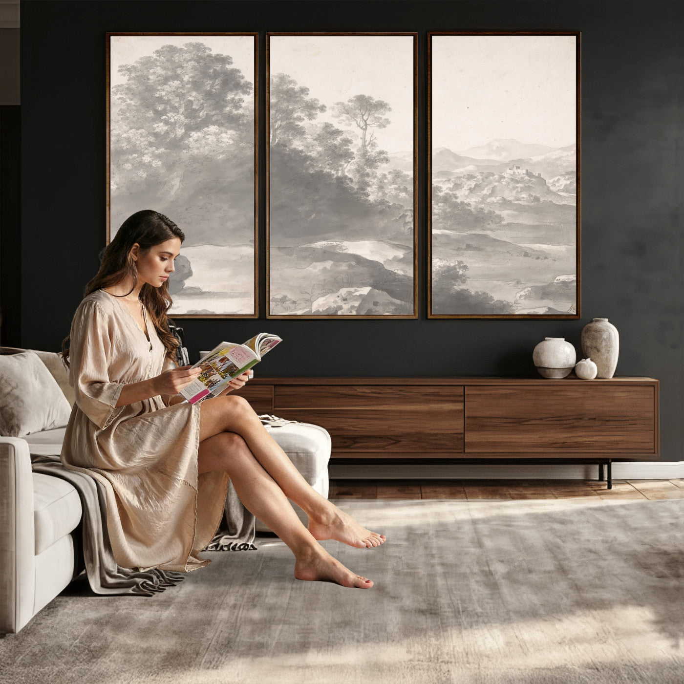 33041209-MGV-CV-36X24 - Van Poelenburch Landscape Canvas Wall Art — Dutch Golden Age Gray Wash Drawing Print | Baroque Italianate Nature Decor | Old Master Classic Gift