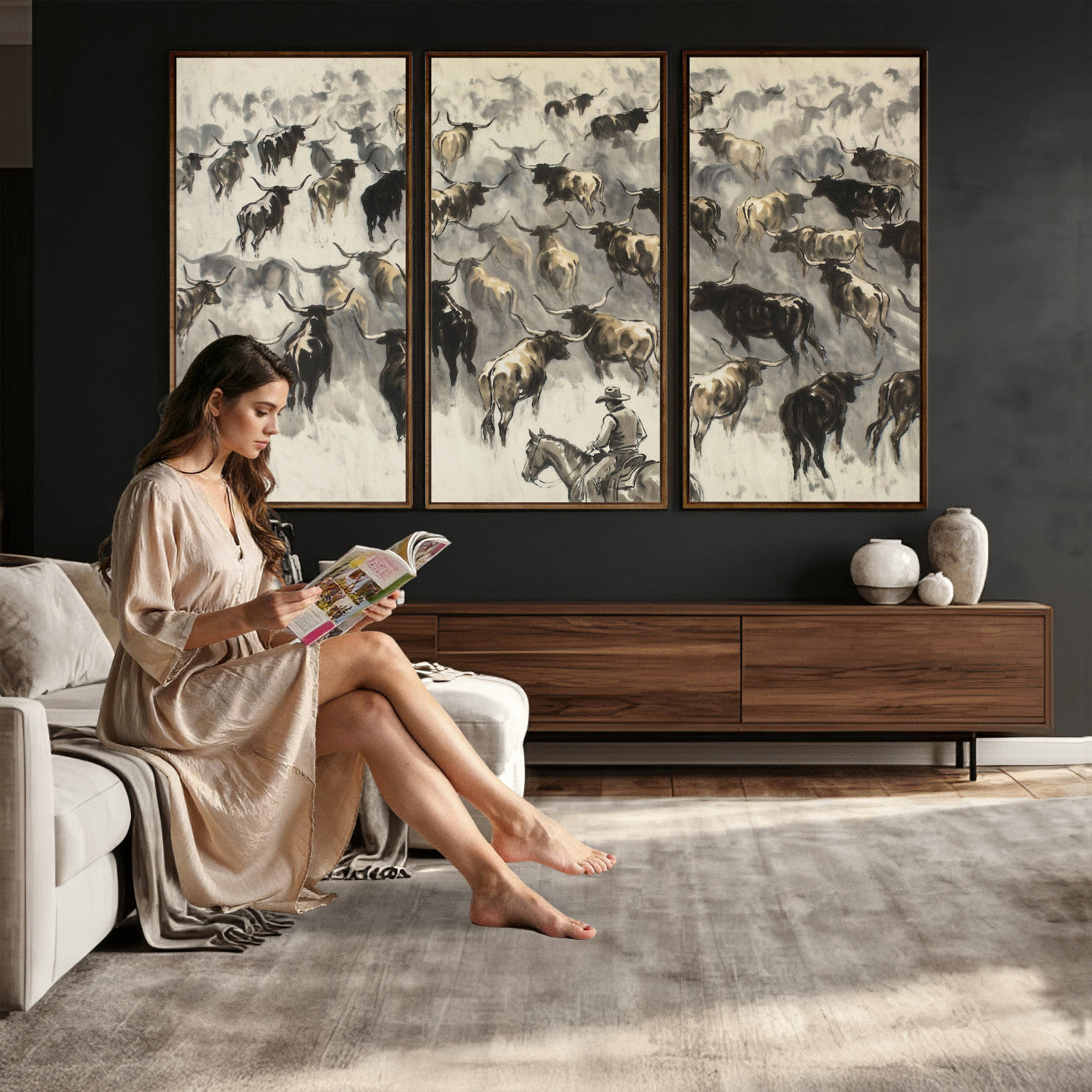 48049876-MGV-CV-36X24 - Cowboy Cattle Drive Canvas Wall Art, Western Longhorn Herd Ink Painting Print, Ranch Rodeo Decor, Black White Western Art, Large Living Room Art