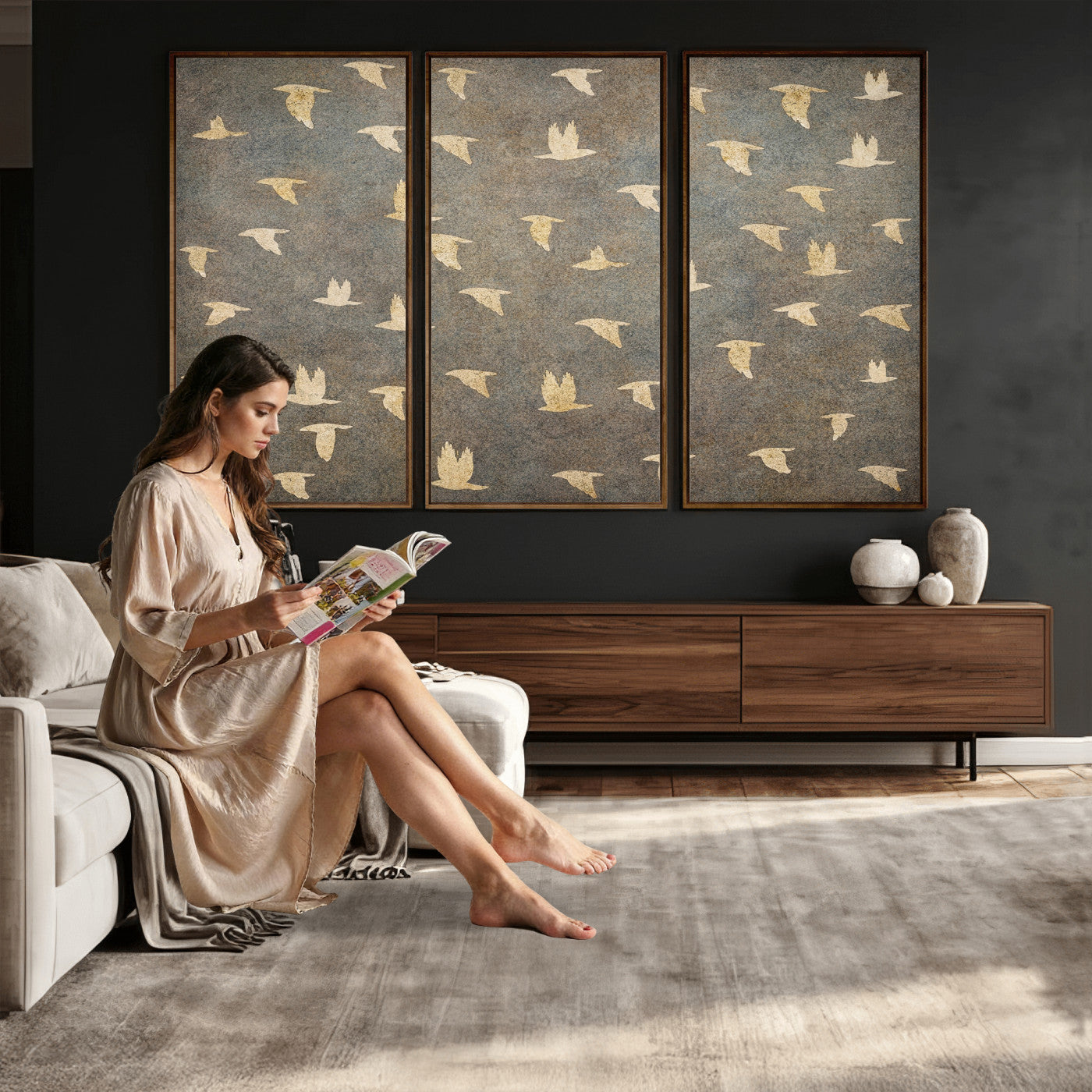 74076164-MGV-CV-36X24 - Flying Birds Canvas Wall Art, Vintage Bird Flock Pattern Print, Grey Gold Abstract Nature Decor, Rustic Bird Silhouette Art, Boho Living Room Decor