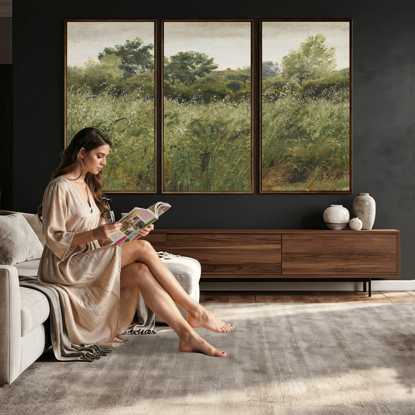 92328261-MGV-CV-36X24 - Wildflower Meadow Canvas Wall Art, Impressionist Overgrown Field Painting Print, Vintage Green Nature Decor, Cottagecore Botanical Art, Living Room Print