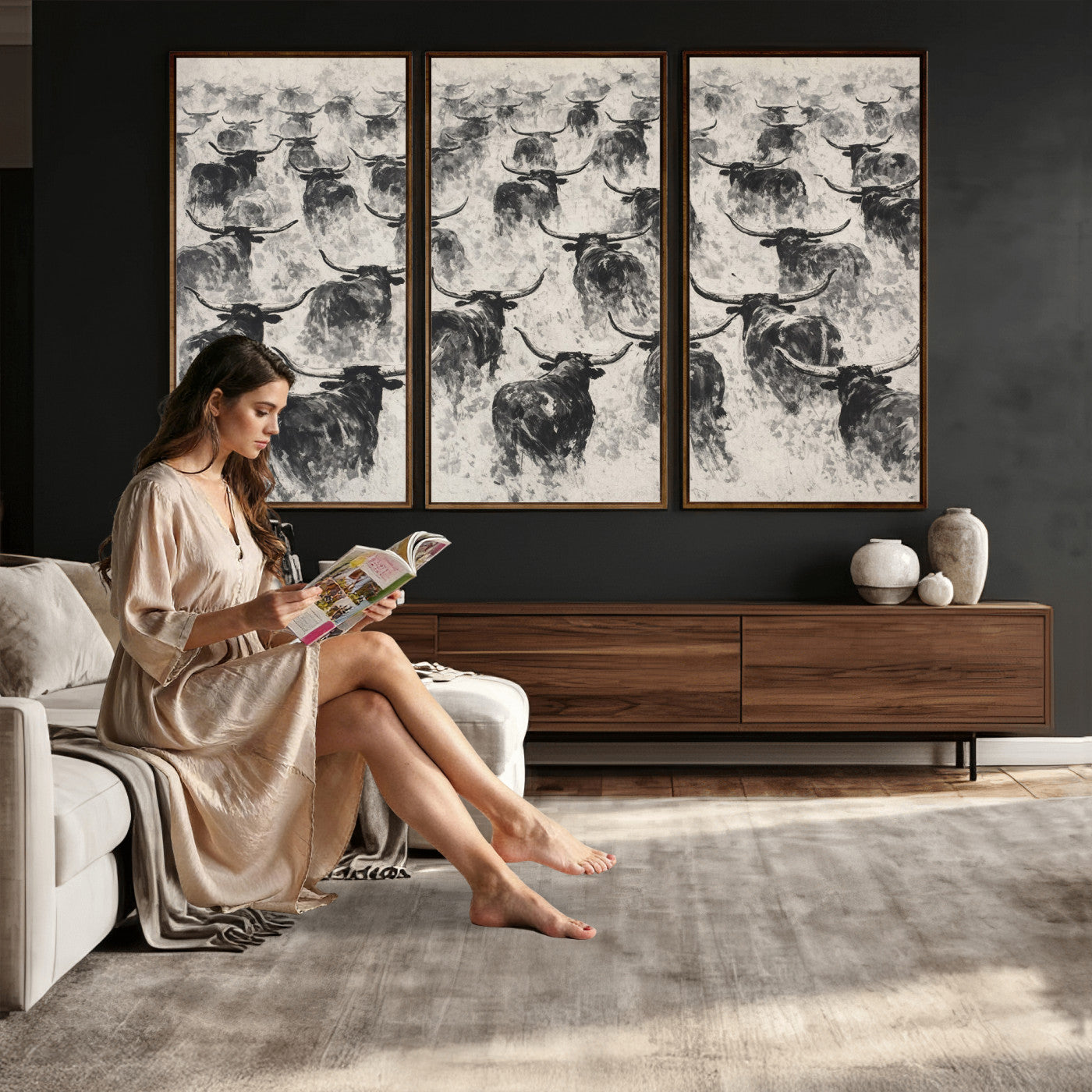 73328525-MGV-CV-36X24 - Texas Longhorn Drawing Canvas Wall Art, Western Cattle Stampede Painting Print, Warm Amber Ranch Decor, Rustic Cowboy Home Art, Large Living Room Decor