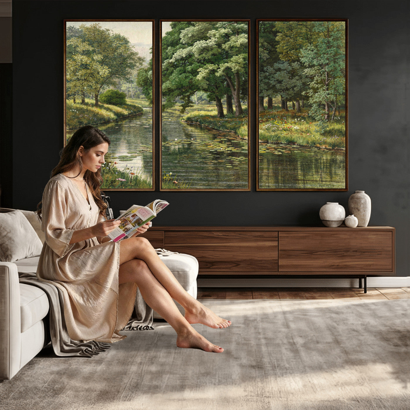 44288560-MGV-CV-36X24 - Forest Stream Canvas Wall Art, Peder Monsted A Forest Stream 1905 Print, Danish Realist Landscape, Lily Pad River Nature Decor, Vintage Green Painting