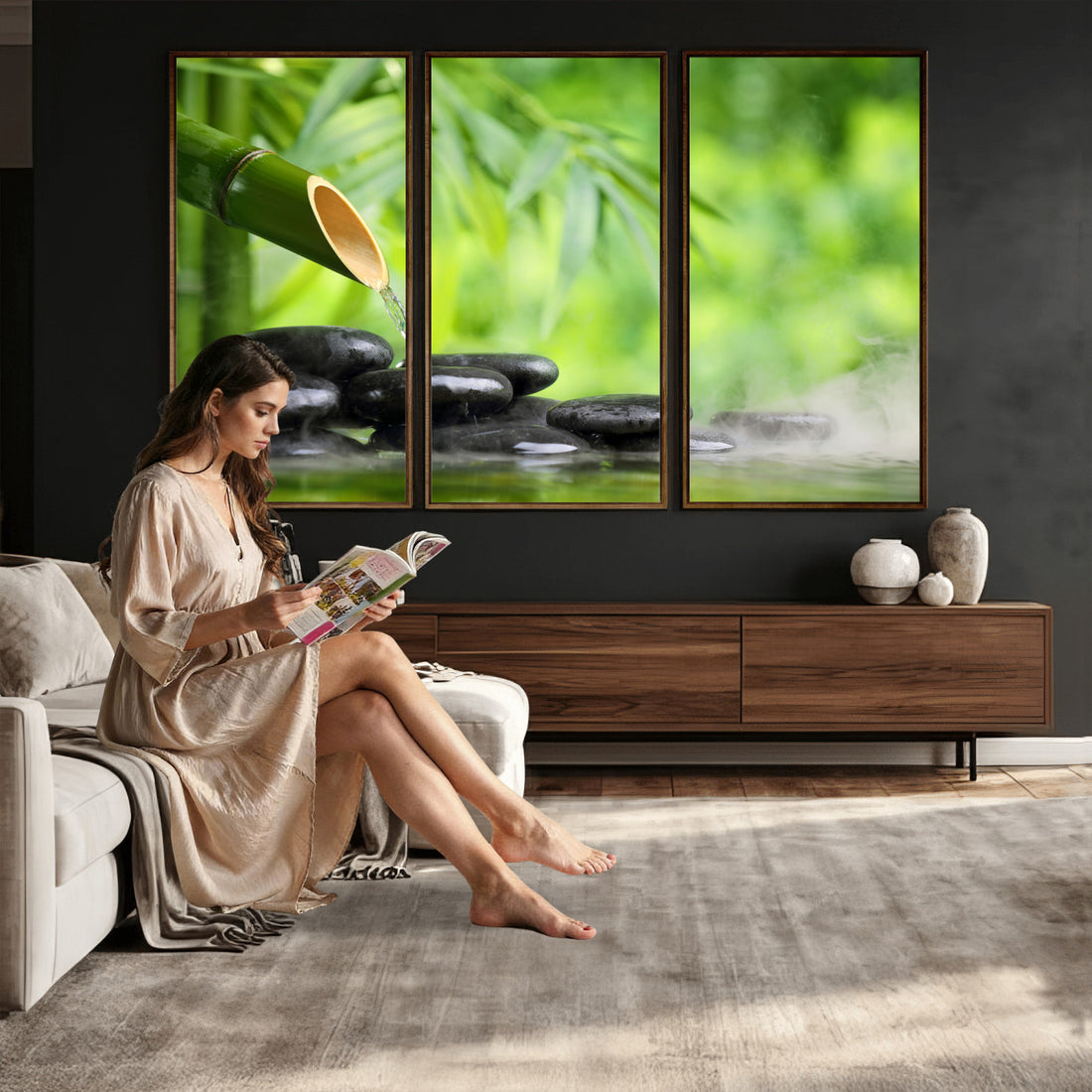 Bamboo Water Flow Black Stone Canvas | Zen Spa Nature Wall Art